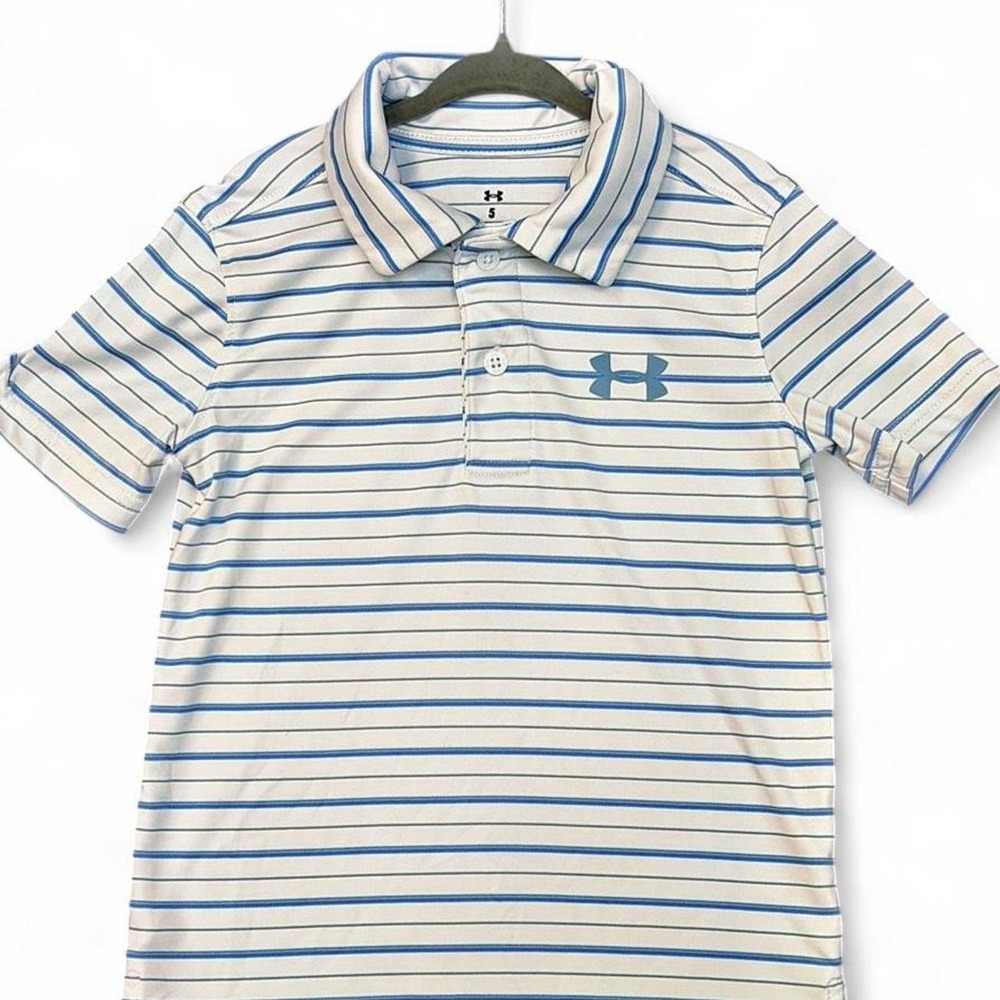 Under Armour Boys Striped Polo Shirt Size 5 White Blue Short Sleeve Golf